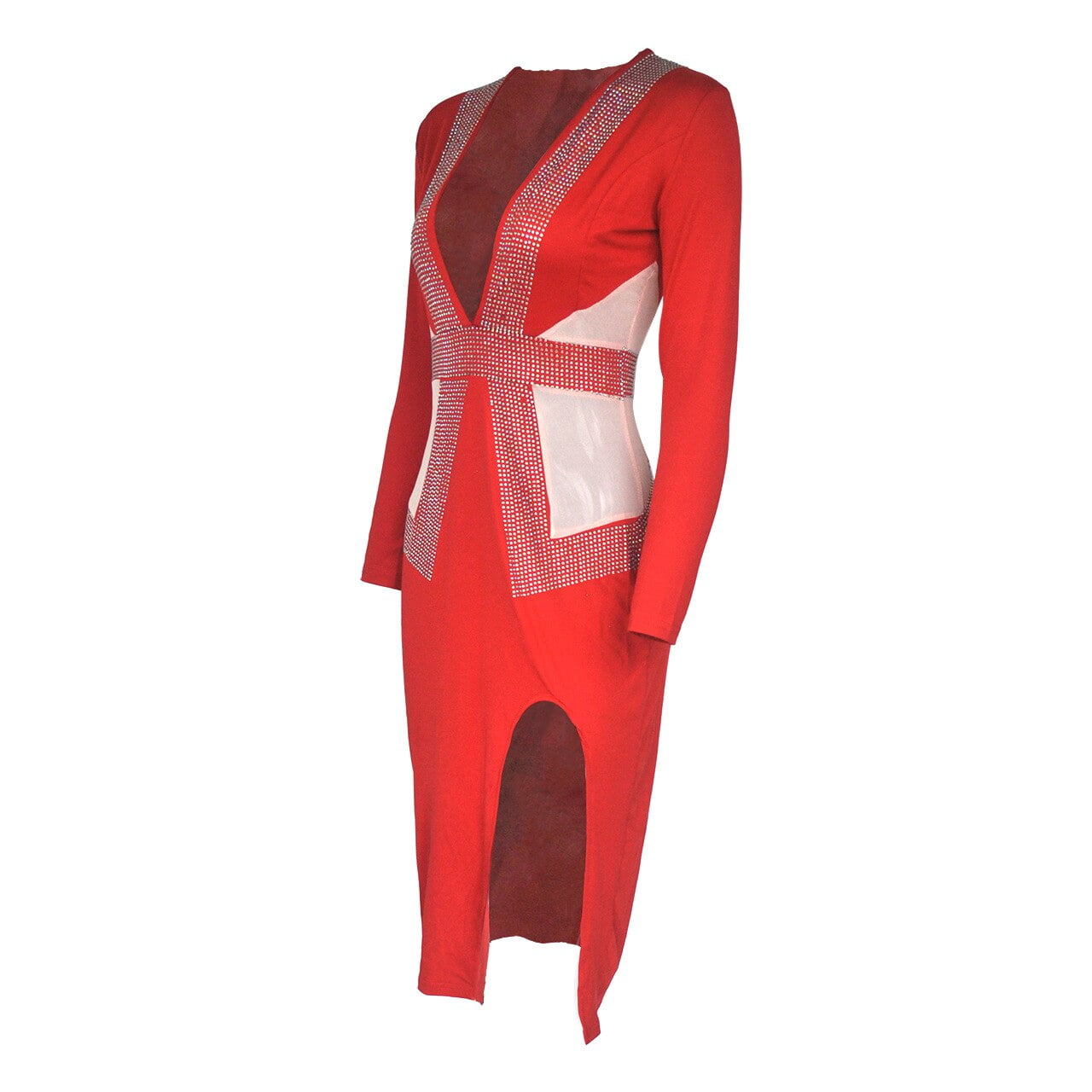 QILI Sexy Deep V-neck Mesh and Rhinestones Dresses Women Long Sleeve Split Diamonds Dress Red Black Blue Green Plus Size S-2XL