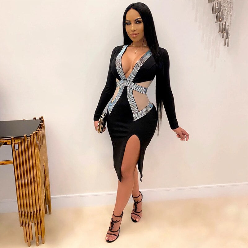 QILI Sexy Deep V-neck Mesh and Rhinestones Dresses Women Long Sleeve Split Diamonds Dress Red Black Blue Green Plus Size S-2XL