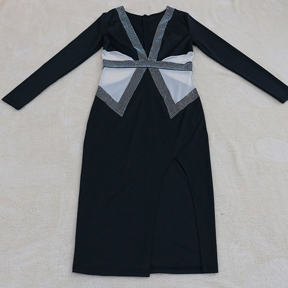 QILI Sexy Deep V-neck Mesh and Rhinestones Dresses Women Long Sleeve Split Diamonds Dress Red Black Blue Green Plus Size S-2XL