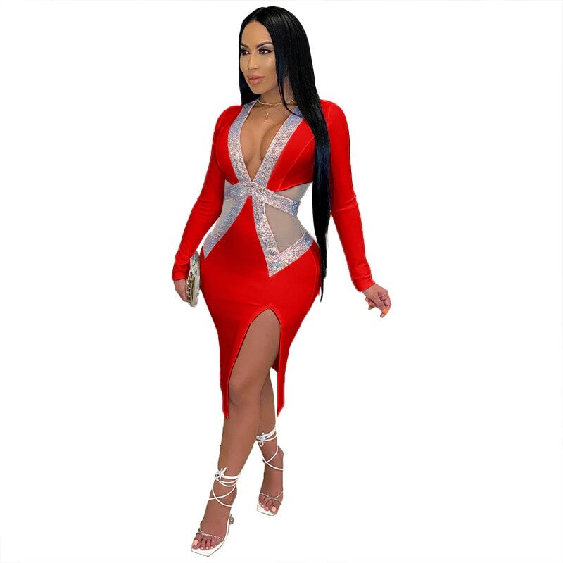 QILI Sexy Deep V-neck Mesh and Rhinestones Dresses Women Long Sleeve Split Diamonds Dress Red Black Blue Green Plus Size S-2XL