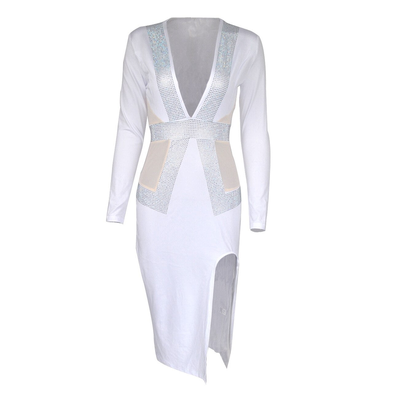 QILI Sexy Deep V-neck Mesh and Rhinestones Dresses Women Long Sleeve Split Diamonds Dress Red Black Blue Green Plus Size S-2XL