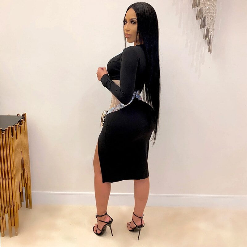 QILI Sexy Deep V-neck Mesh and Rhinestones Dresses Women Long Sleeve Split Diamonds Dress Red Black Blue Green Plus Size S-2XL