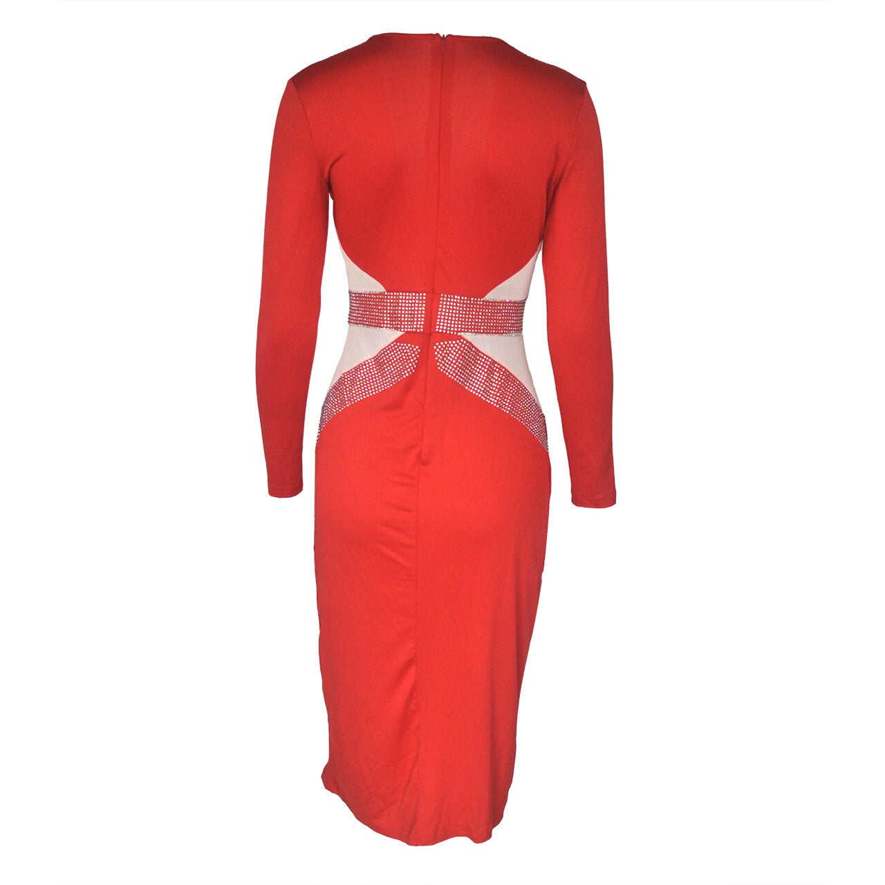 QILI Sexy Deep V-neck Mesh and Rhinestones Dresses Women Long Sleeve Split Diamonds Dress Red Black Blue Green Plus Size S-2XL