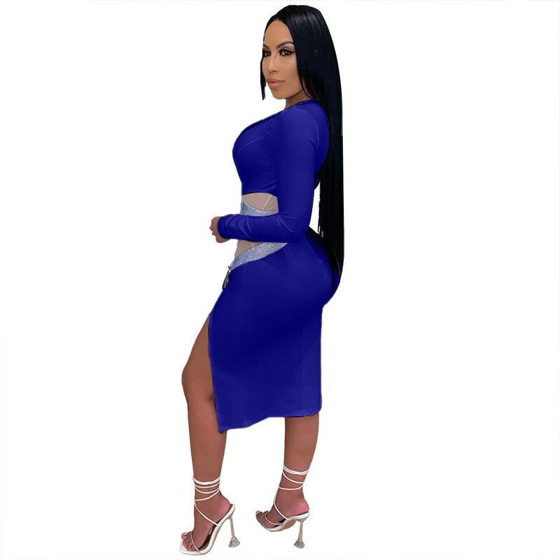 QILI Sexy Deep V-neck Mesh and Rhinestones Dresses Women Long Sleeve Split Diamonds Dress Red Black Blue Green Plus Size S-2XL