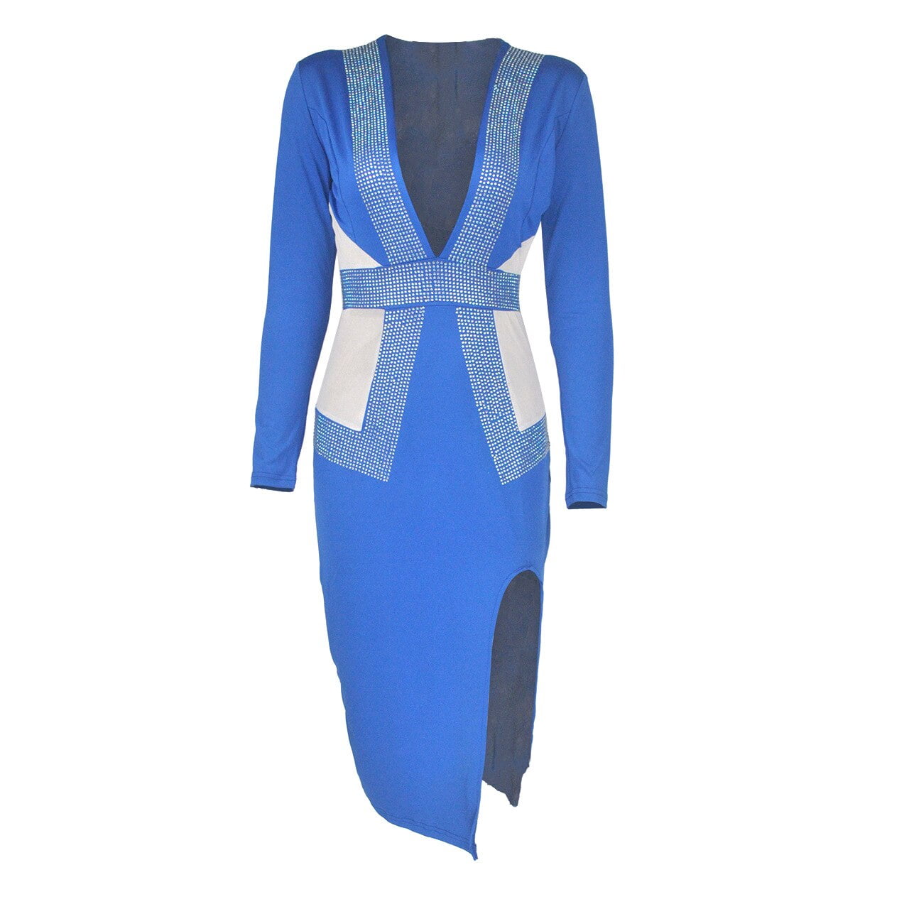QILI Sexy Deep V-neck Mesh and Rhinestones Dresses Women Long Sleeve Split Diamonds Dress Red Black Blue Green Plus Size S-2XL