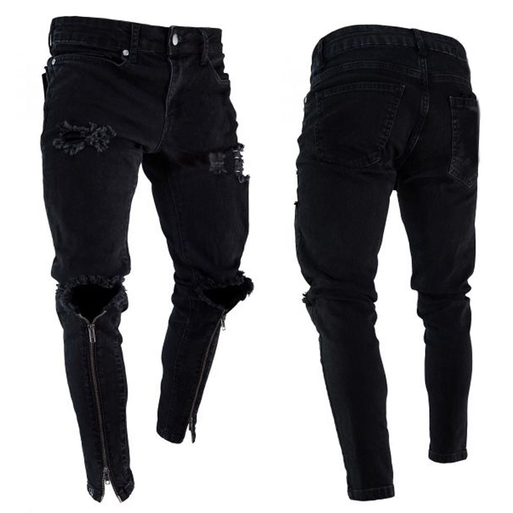 New Designer Slim Fit Ripped Jeans Men High Street Mens Distressed Denim Joggers Knee Holes Zipper Washed Destroyed Pencil Jeans - Image 5