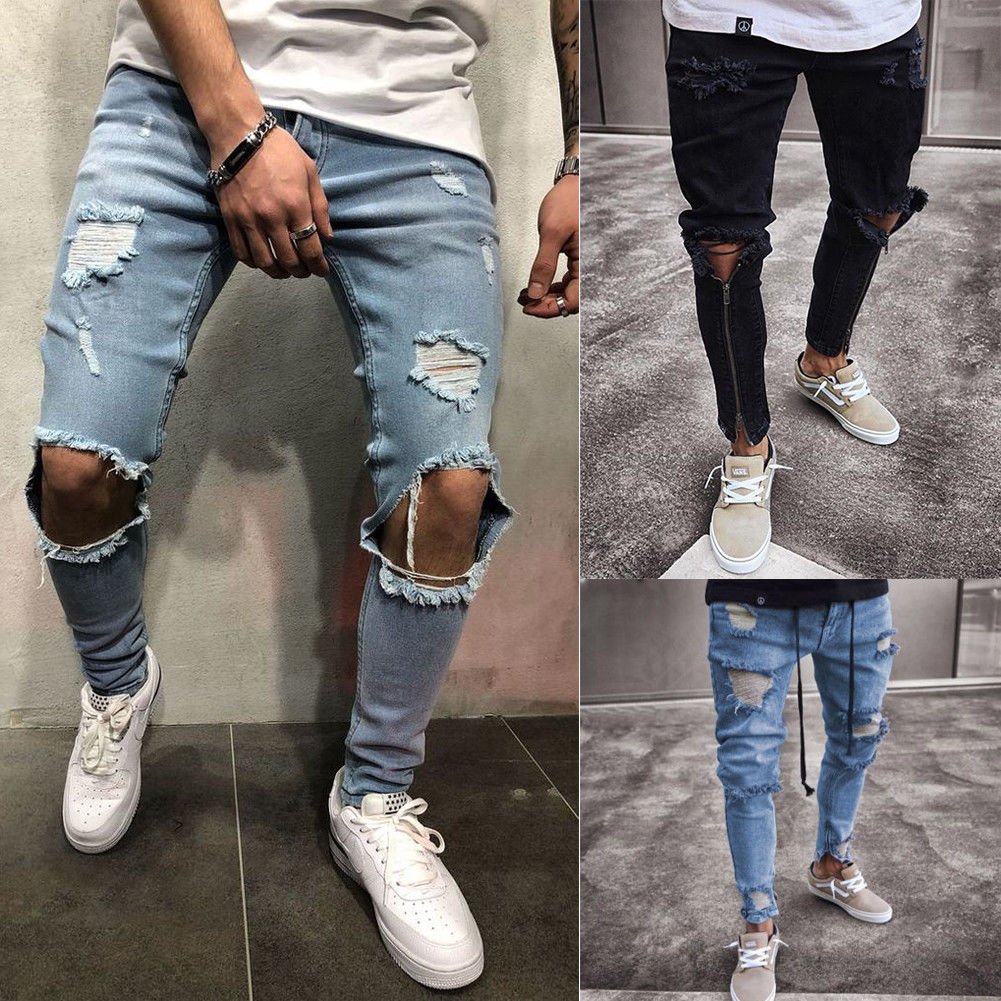 New Designer Slim Fit Ripped Jeans Men High Street Mens Distressed Denim Joggers Knee Holes Zipper Washed Destroyed Pencil Jeans - Image 4
