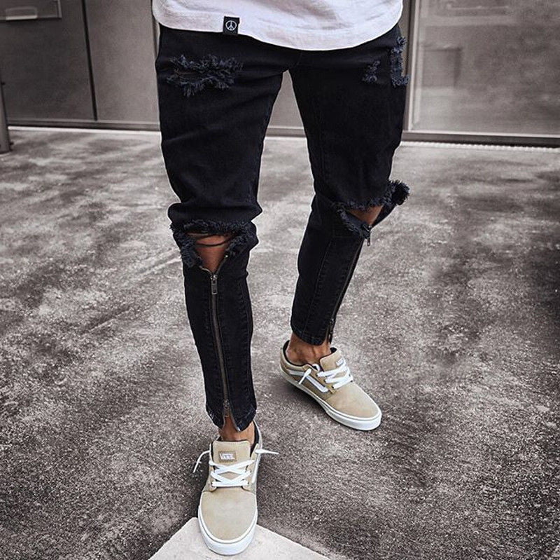 New Designer Slim Fit Ripped Jeans Men High Street Mens Distressed Denim Joggers Knee Holes Zipper Washed Destroyed Pencil Jeans