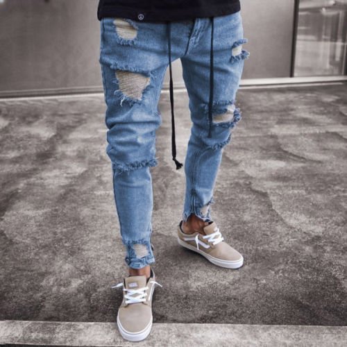 New Designer Slim Fit Ripped Jeans Men High Street Mens Distressed Denim Joggers Knee Holes Zipper Washed Destroyed Pencil Jeans - Image 3