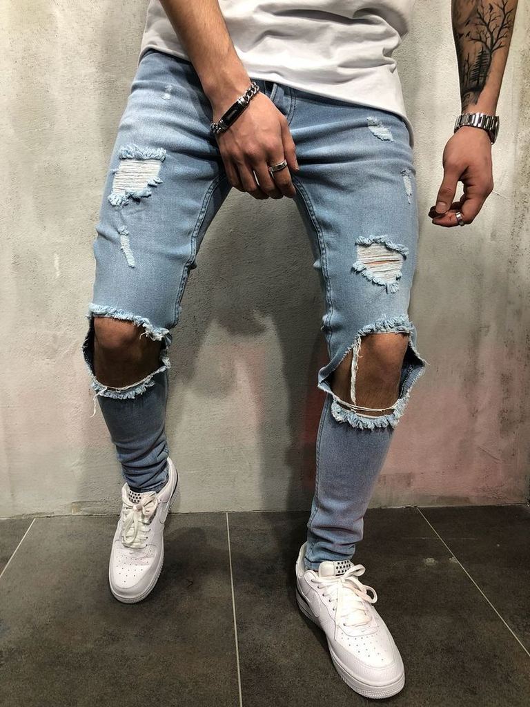New Designer Slim Fit Ripped Jeans Men High Street Mens Distressed Denim Joggers Knee Holes Zipper Washed Destroyed Pencil Jeans - Image 2