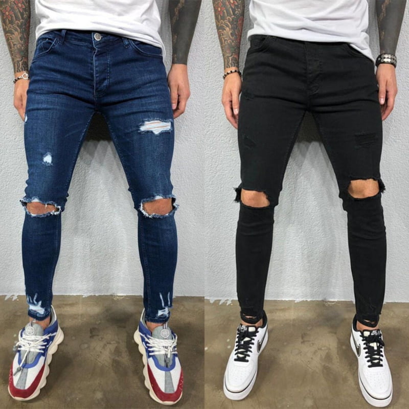 Mens Jeans Black Blue Cool Skinny Ripped Stretch Slim Elastic Denim Pants Large Size For Male Spring Summer Autumn Hip Hop