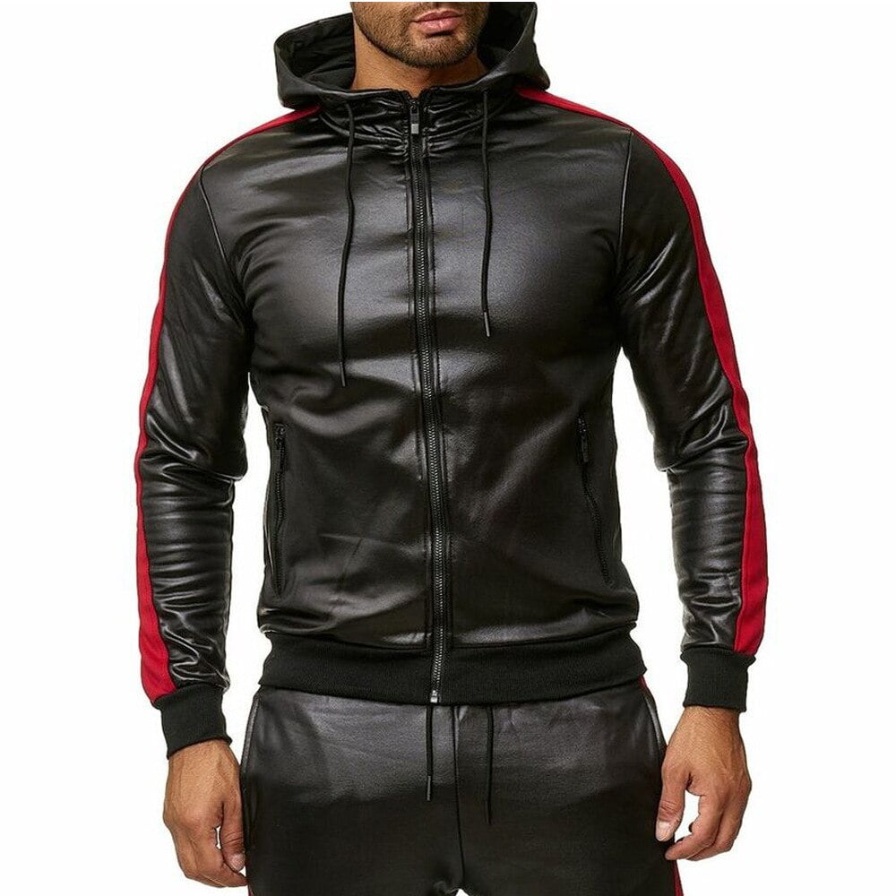 PU Leather Men Tracksuit Hooded Men's Set Casual 2 Pieces Set Faux Leather Jacket+Pants 2020 Motorcycle Sports Suit Mens Clothes - Image 4