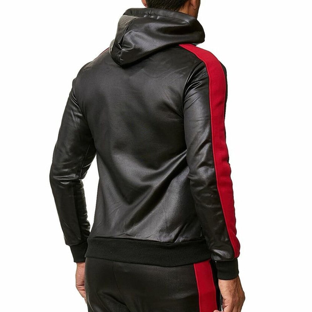 PU Leather Men Tracksuit Hooded Men's Set Casual 2 Pieces Set Faux Leather Jacket+Pants 2020 Motorcycle Sports Suit Mens Clothes - Image 5