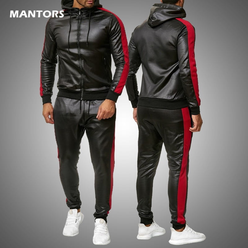 PU Leather Men Tracksuit Hooded Men's Set Casual 2 Pieces Set Faux Leather Jacket+Pants 2020 Motorcycle Sports Suit Mens Clothes