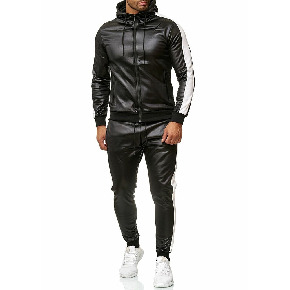 PU Leather Men Tracksuit Hooded Men's Set Casual 2 Pieces Set Faux Leather Jacket+Pants 2020 Motorcycle Sports Suit Mens Clothes - Image 2