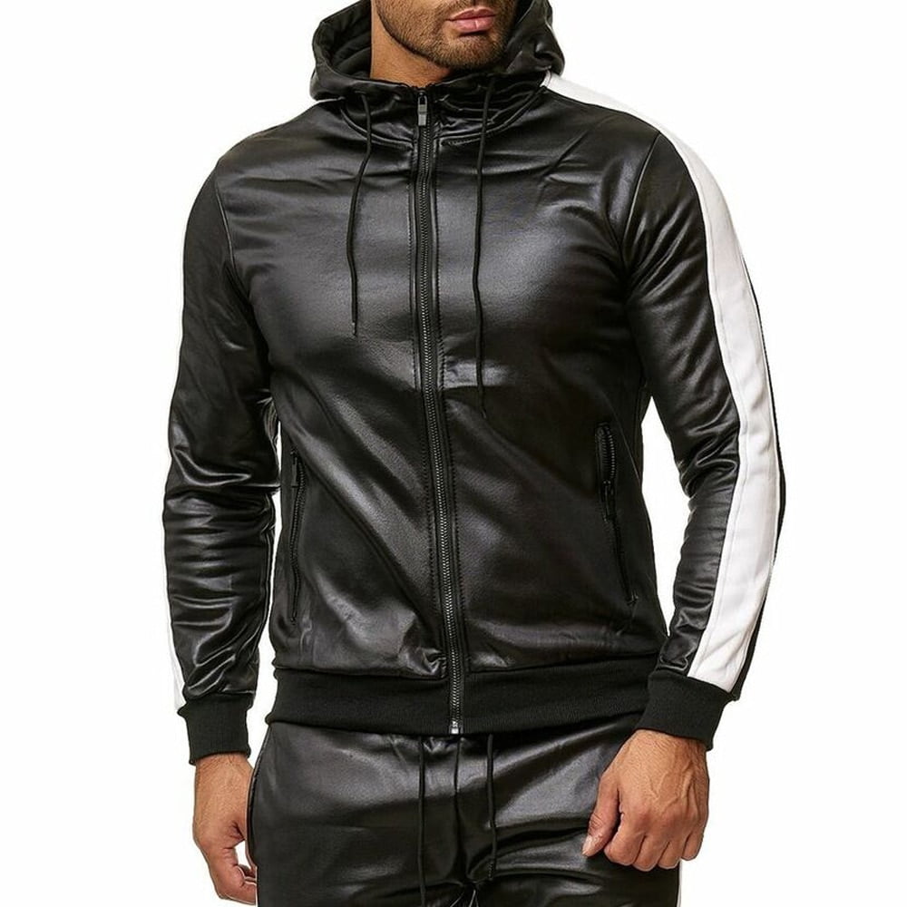 PU Leather Men Tracksuit Hooded Men's Set Casual 2 Pieces Set Faux Leather Jacket+Pants 2020 Motorcycle Sports Suit Mens Clothes - Image 3