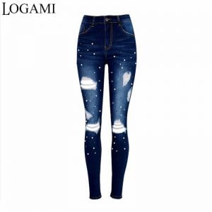 LOGAMI High Waist Jean Women Denim Pants Spring Autumn Hole Jeans Female Casual Pocket Skinny Pencil Jean Pants
