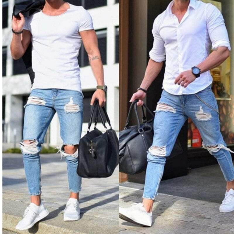 2020 In The Summer Men's Blue leisure Broken Hole Pants Moto Biker Jeans Slim jogging Skinny High Elastic Pencil Pants S-4XL - Image 2