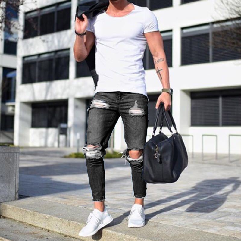 2020 In The Summer Men's Blue leisure Broken Hole Pants Moto Biker Jeans Slim jogging Skinny High Elastic Pencil Pants S-4XL - Image 5