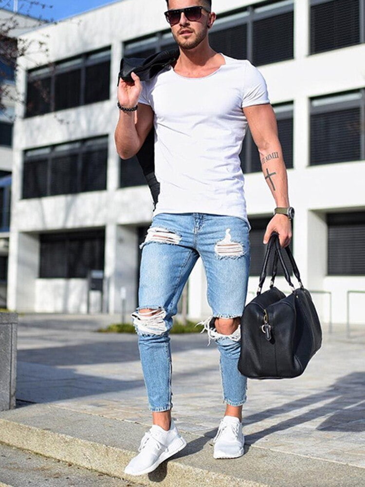 2020 In The Summer Men's Blue leisure Broken Hole Pants Moto Biker Jeans Slim jogging Skinny High Elastic Pencil Pants S-4XL