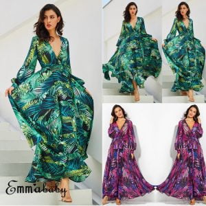 Plus Size Boho Floral Chiffon Long Dress Women V Neck Holiday Sundress Vestido Ladies Summer Long Sleeve Elegant Maxi Dress