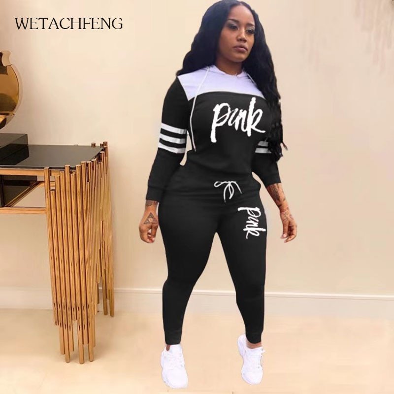 2020 Fashion Pink Letter Print Tracksuits Women Two Piece Set Spring t-shirt Tops and Pants Jogger Set Suits Casual 2pcs Outfits - Image 2