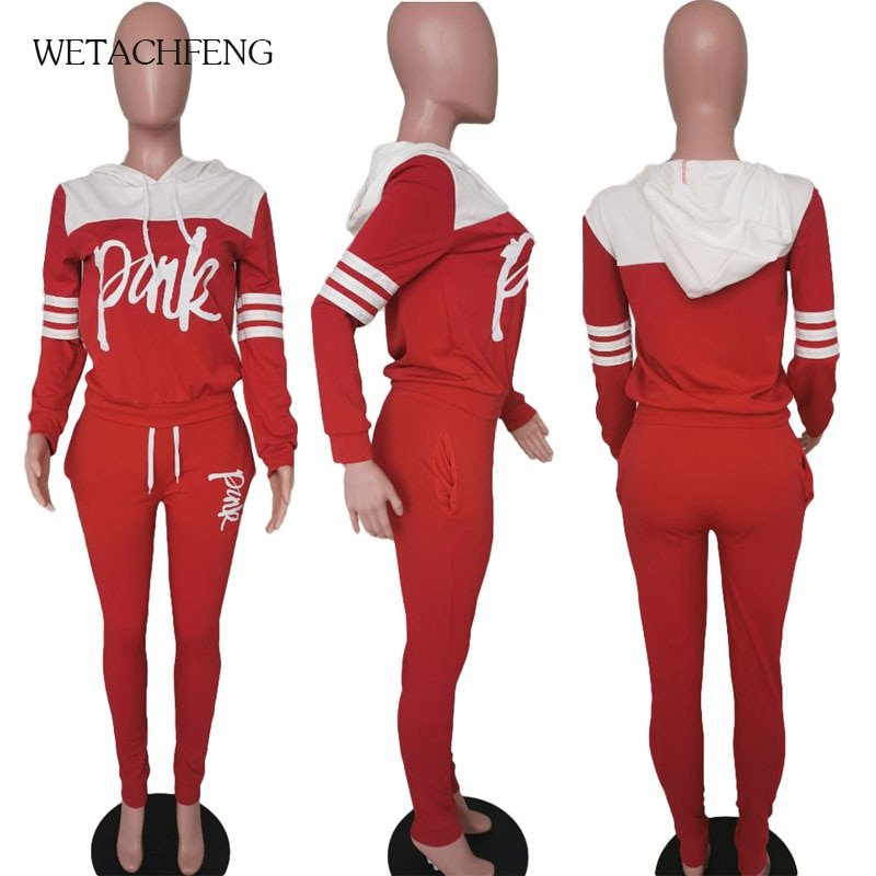 2020 Fashion Pink Letter Print Tracksuits Women Two Piece Set Spring t-shirt Tops and Pants Jogger Set Suits Casual 2pcs Outfits - Image 6