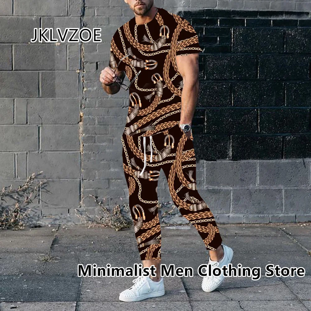 2023 Men Luxury Tracksuit Short Sleeve T Shirt+Long Pants 2 Piece Set Oversized Gold High-End Clothes Print Trousers Suit Outfit