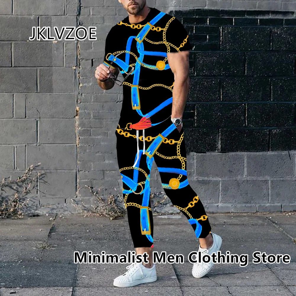 2023 Men Luxury Tracksuit Short Sleeve T Shirt+Long Pants 2 Piece Set Oversized Gold High-End Clothes Print Trousers Suit Outfit