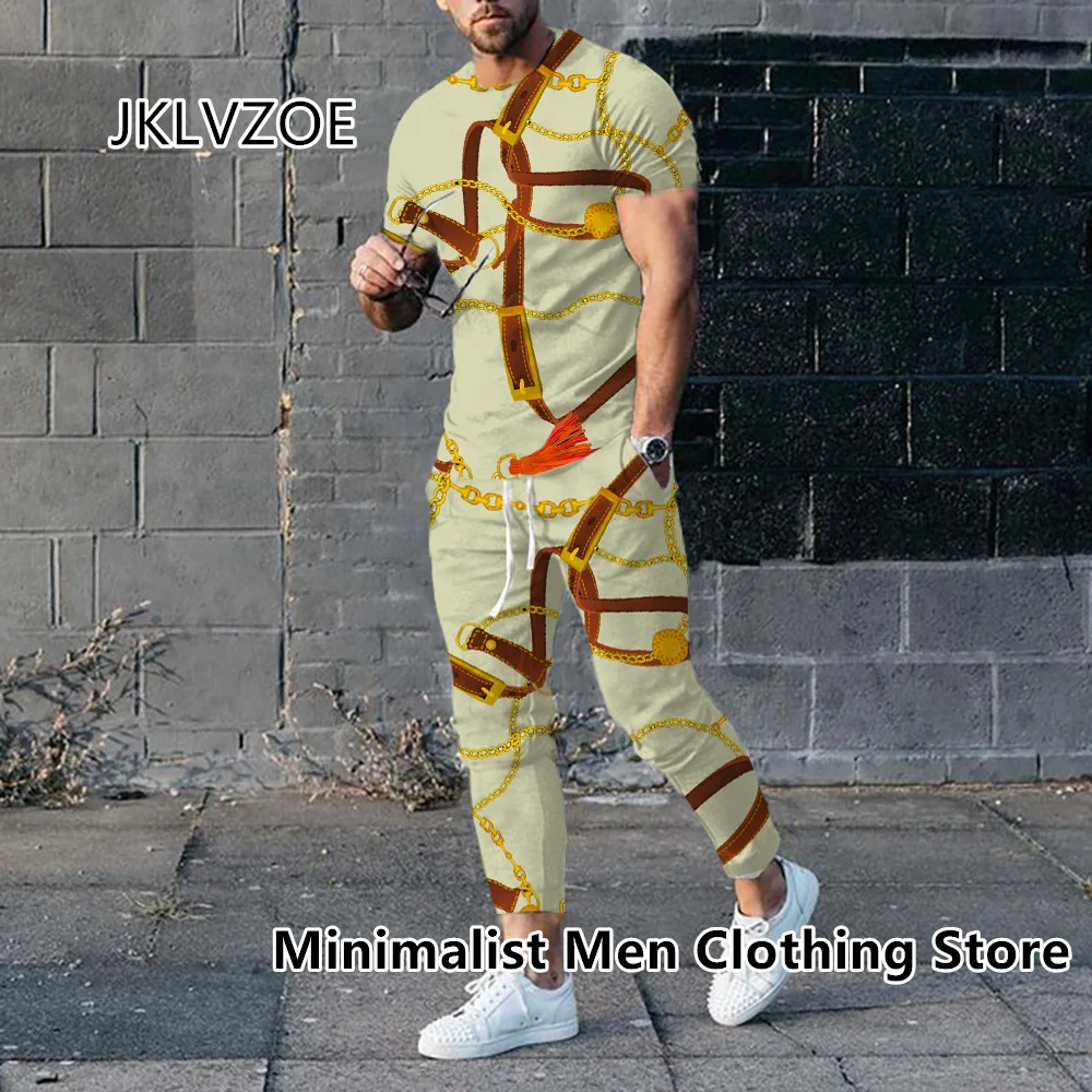 2023 Men Luxury Tracksuit Short Sleeve T Shirt+Long Pants 2 Piece Set Oversized Gold High-End Clothes Print Trousers Suit Outfit