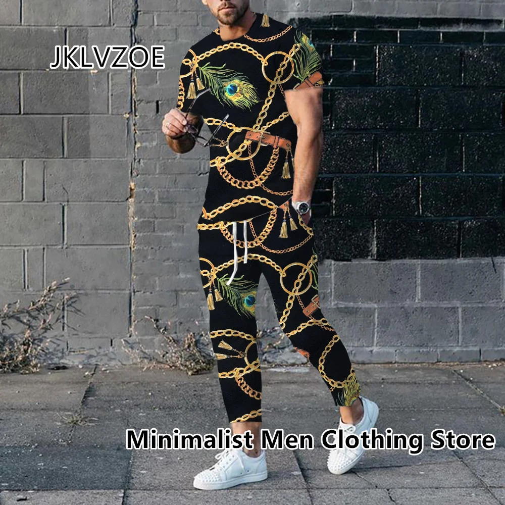 2023 Men Luxury Tracksuit Short Sleeve T Shirt+Long Pants 2 Piece Set Oversized Gold High-End Clothes Print Trousers Suit Outfit