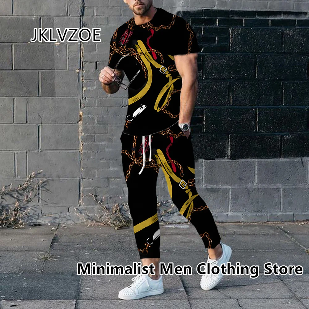 2023 Men Luxury Tracksuit Short Sleeve T Shirt+Long Pants 2 Piece Set Oversized Gold High-End Clothes Print Trousers Suit Outfit
