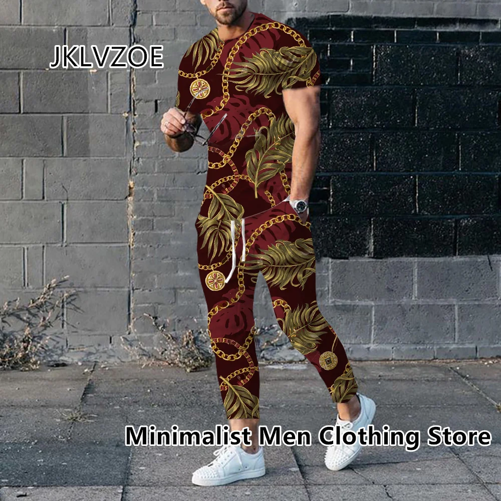 2023 Men Luxury Tracksuit Short Sleeve T Shirt+Long Pants 2 Piece Set Oversized Gold High-End Clothes Print Trousers Suit Outfit