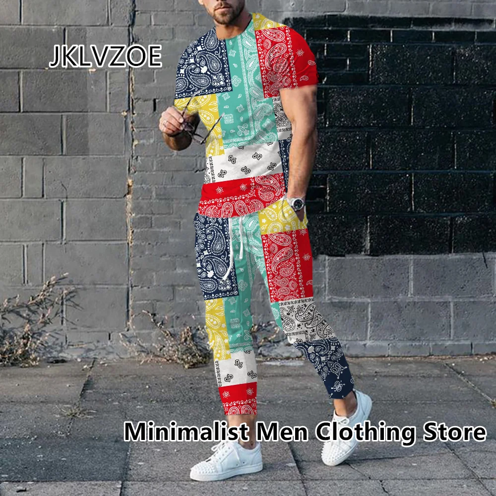 2023 Men Luxury Tracksuit Short Sleeve T Shirt+Long Pants 2 Piece Set Oversized Gold High-End Clothes Print Trousers Suit Outfit