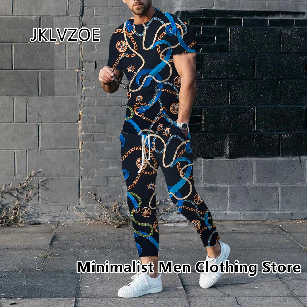 2023 Men Luxury Tracksuit Short Sleeve T Shirt+Long Pants 2 Piece Set Oversized Gold High-End Clothes Print Trousers Suit Outfit