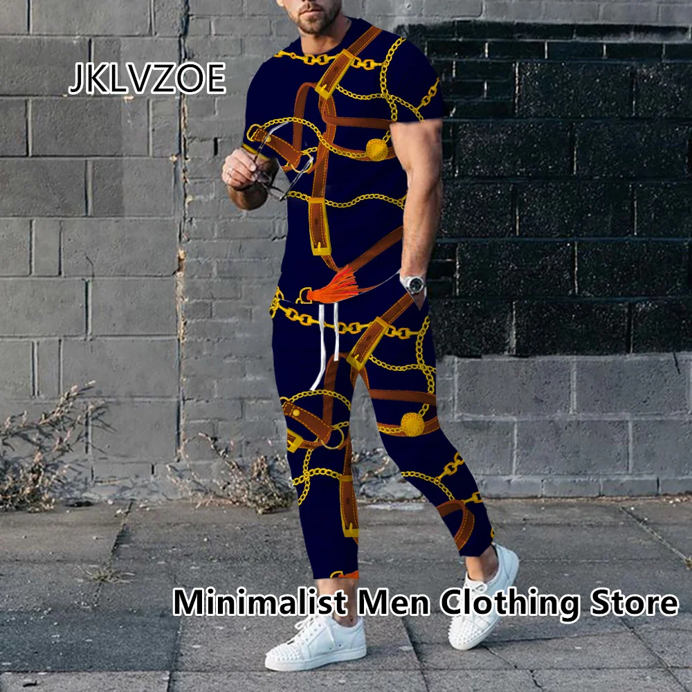 2023 Men Luxury Tracksuit Short Sleeve T Shirt+Long Pants 2 Piece Set Oversized Gold High-End Clothes Print Trousers Suit Outfit