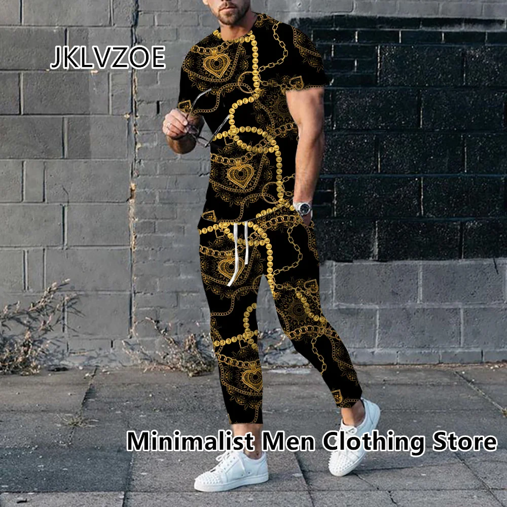 2023 Men Luxury Tracksuit Short Sleeve T Shirt+Long Pants 2 Piece Set Oversized Gold High-End Clothes Print Trousers Suit Outfit