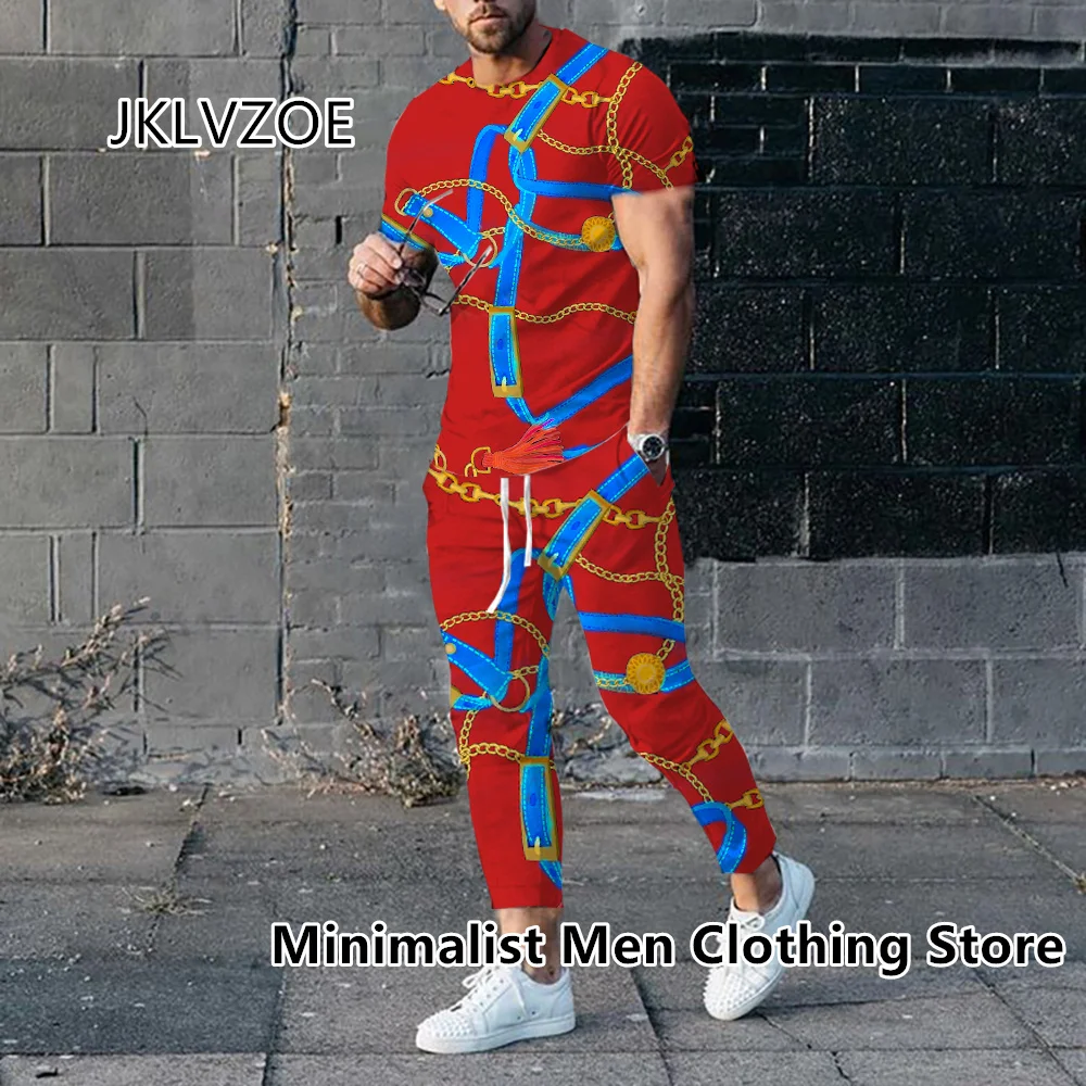 2023 Men Luxury Tracksuit Short Sleeve T Shirt+Long Pants 2 Piece Set Oversized Gold High-End Clothes Print Trousers Suit Outfit