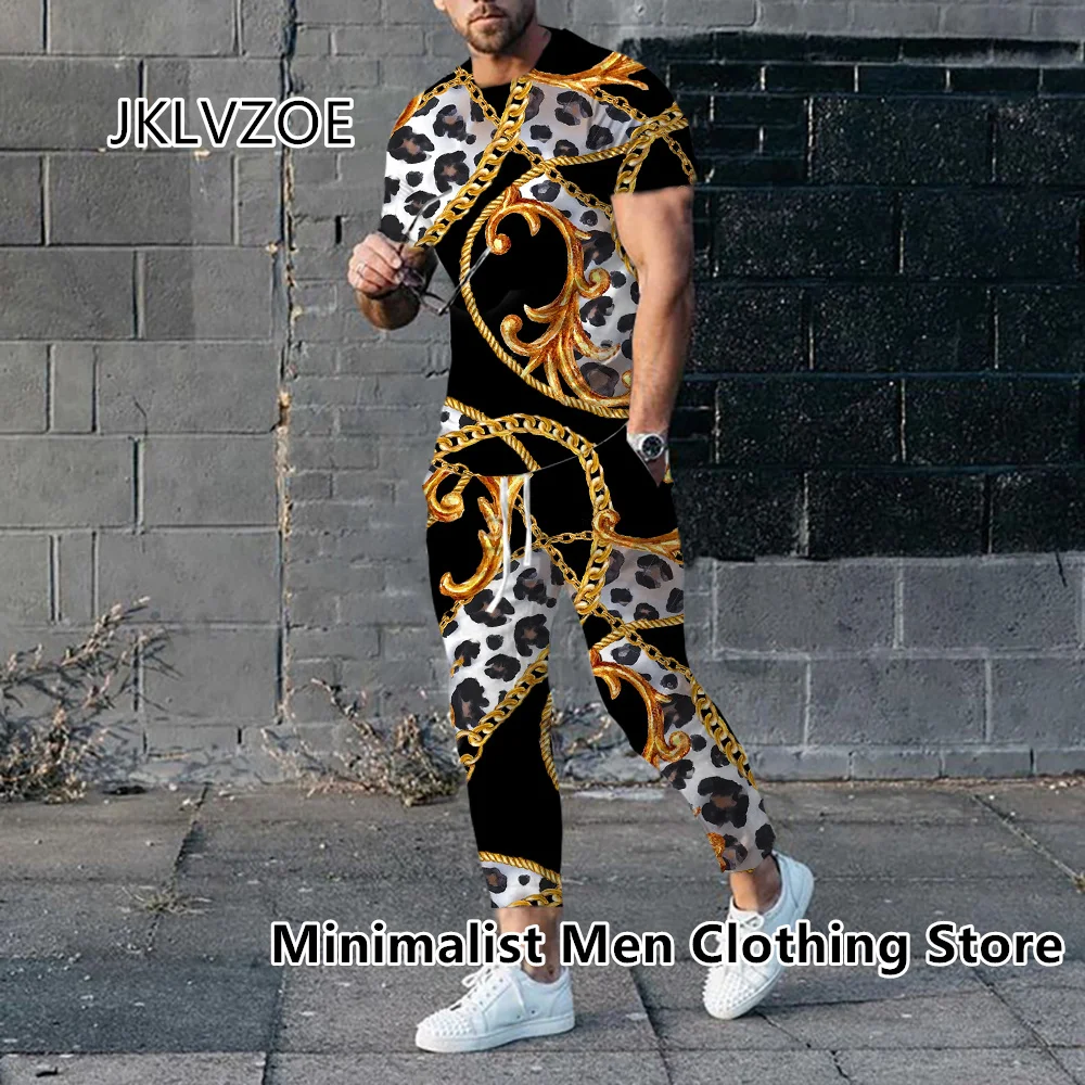 2023 Men Luxury Tracksuit Short Sleeve T Shirt+Long Pants 2 Piece Set Oversized Gold High-End Clothes Print Trousers Suit Outfit