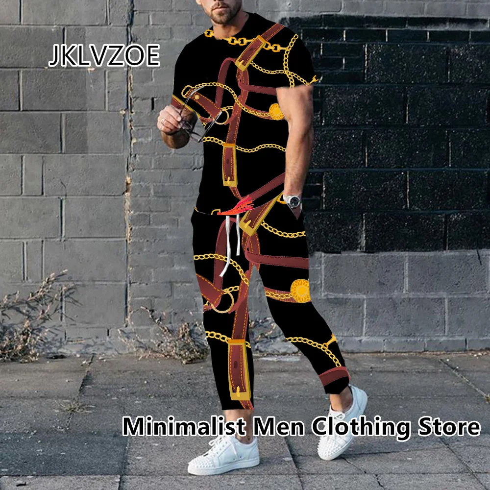 2023 Men Luxury Tracksuit Short Sleeve T Shirt+Long Pants 2 Piece Set Oversized Gold High-End Clothes Print Trousers Suit Outfit