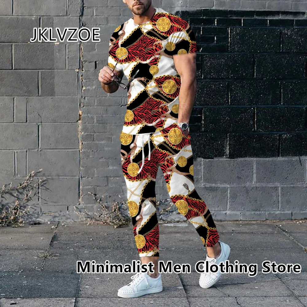 2023 Men Luxury Tracksuit Short Sleeve T Shirt+Long Pants 2 Piece Set Oversized Gold High-End Clothes Print Trousers Suit Outfit