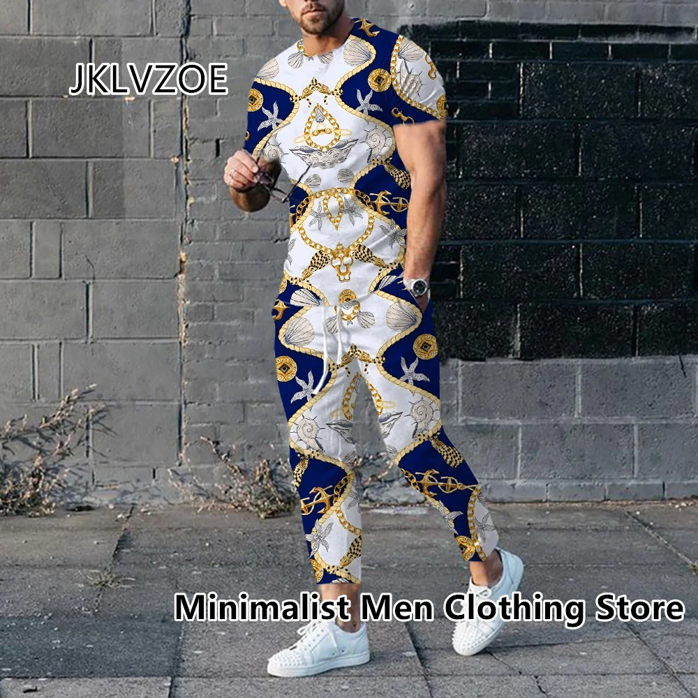 2023 Men Luxury Tracksuit Short Sleeve T Shirt+Long Pants 2 Piece Set Oversized Gold High-End Clothes Print Trousers Suit Outfit