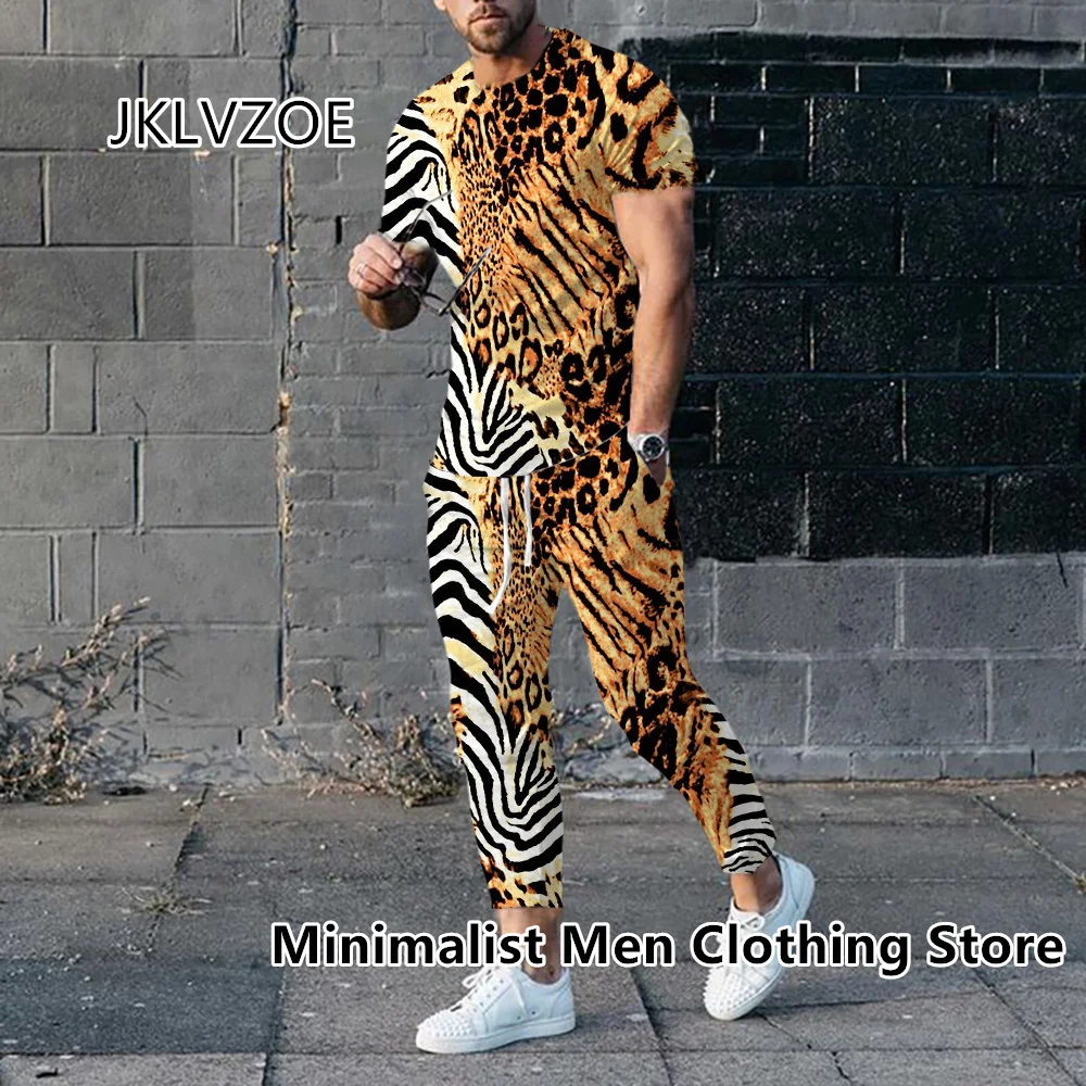 2023 Men Luxury Tracksuit Short Sleeve T Shirt+Long Pants 2 Piece Set Oversized Gold High-End Clothes Print Trousers Suit Outfit